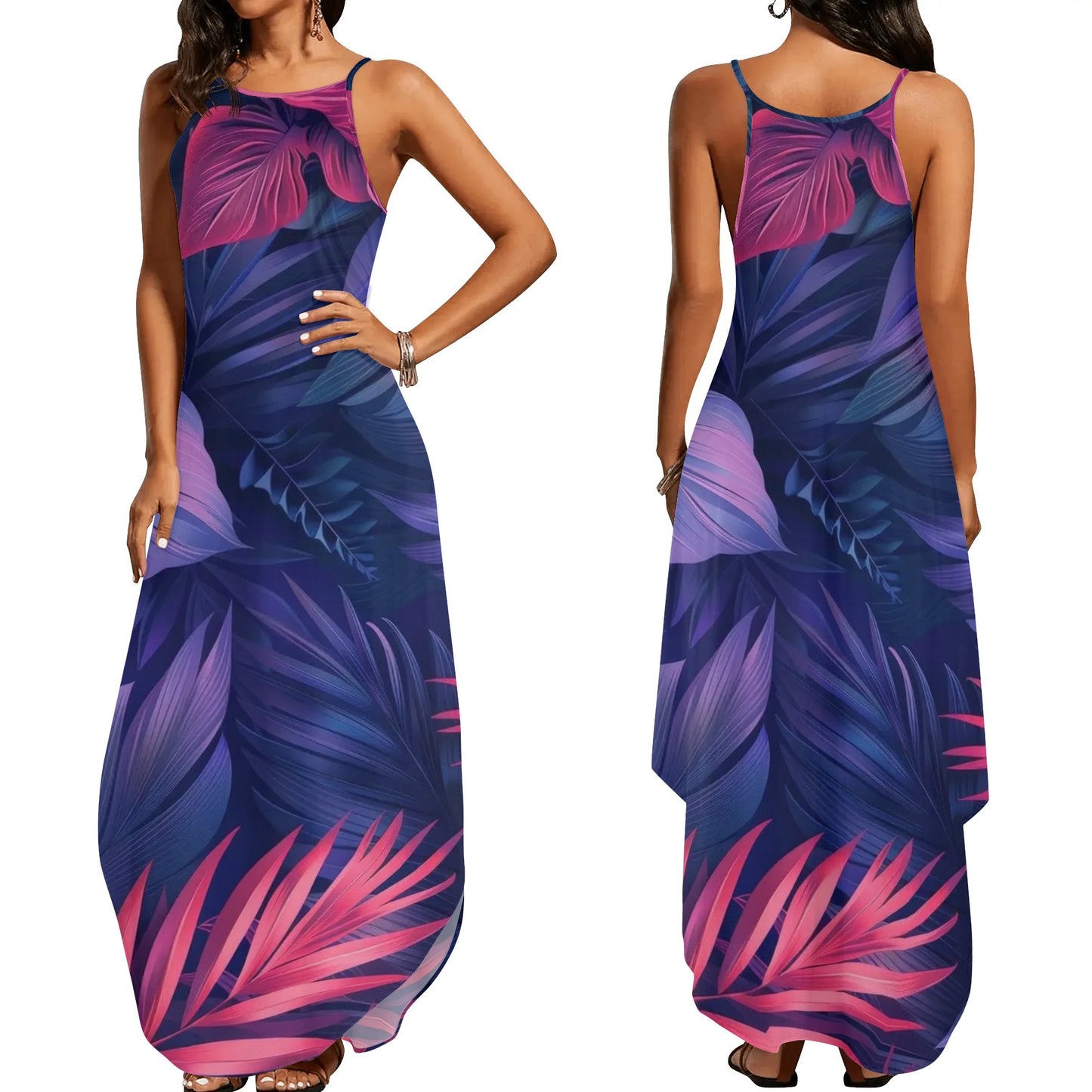 Womens Colorful Island Vibes Spaghetti Strap Long Sundresses