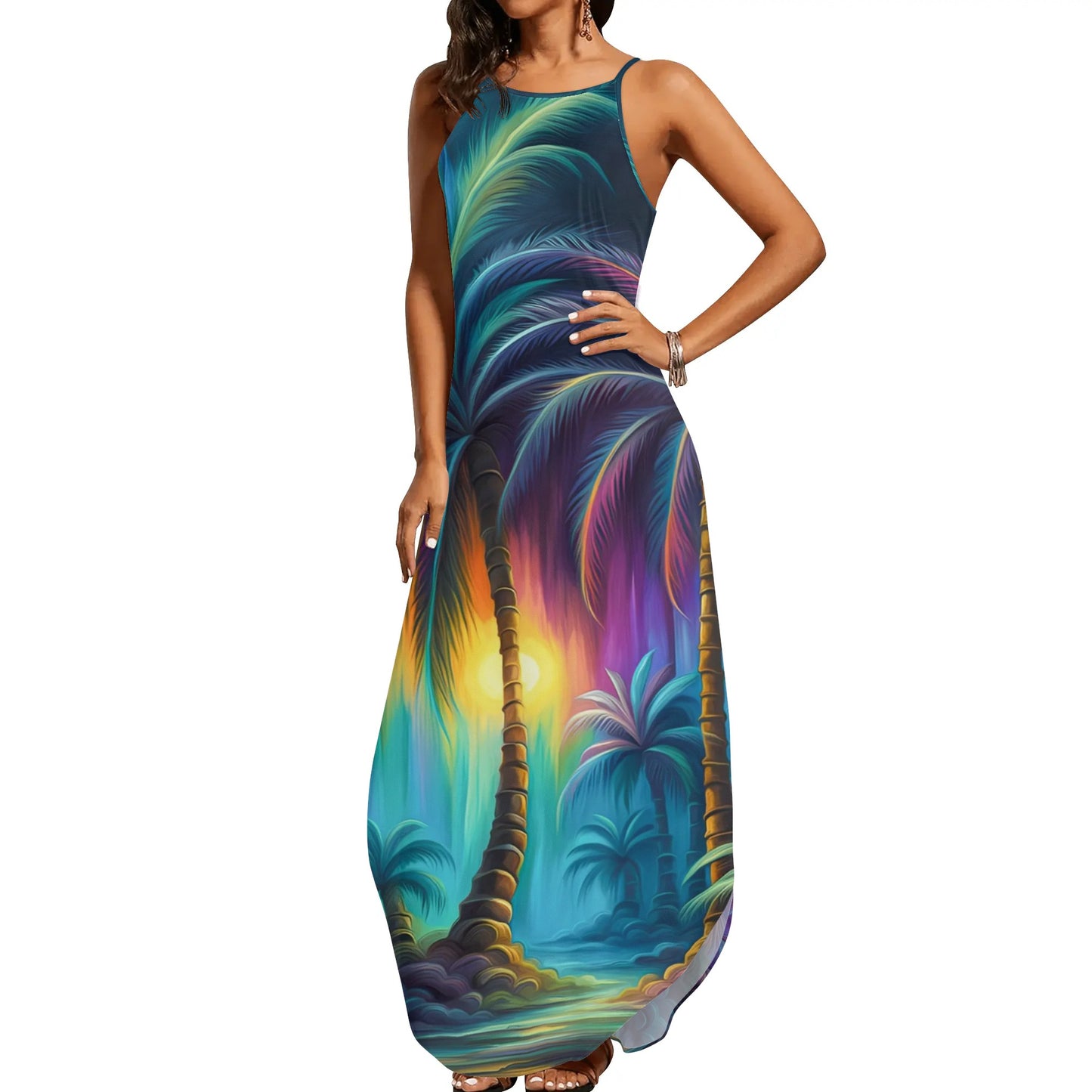 Womens Colorful Island Vibes Spaghetti Strap Long Sundresses