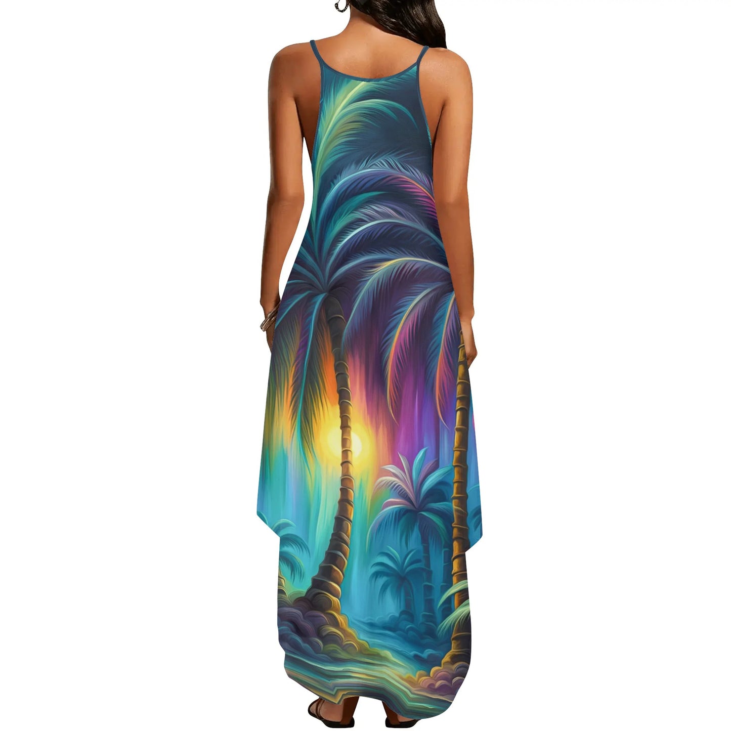 Womens Colorful Island Vibes Spaghetti Strap Long Sundresses