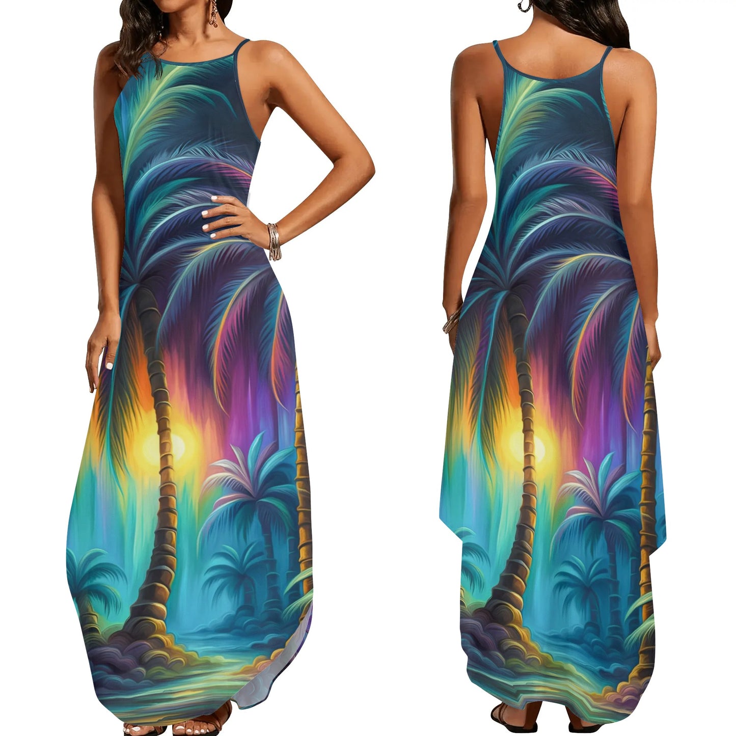 Womens Colorful Island Vibes Spaghetti Strap Long Sundresses