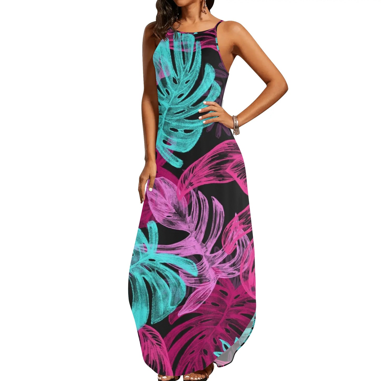 Womens Colorful Island Vibes Spaghetti Strap Long Sundresses