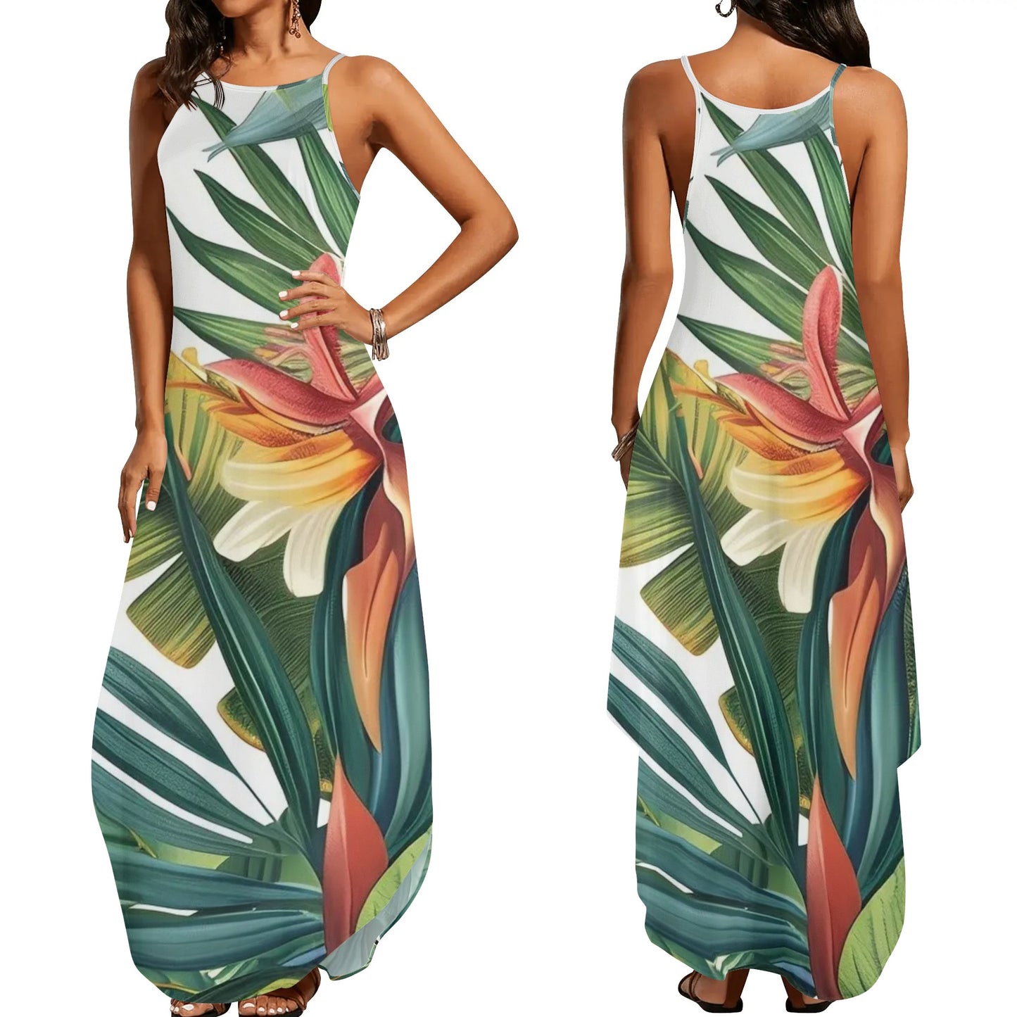 Womens Colorful Island Vibes Spaghetti Strap Long Sundresses