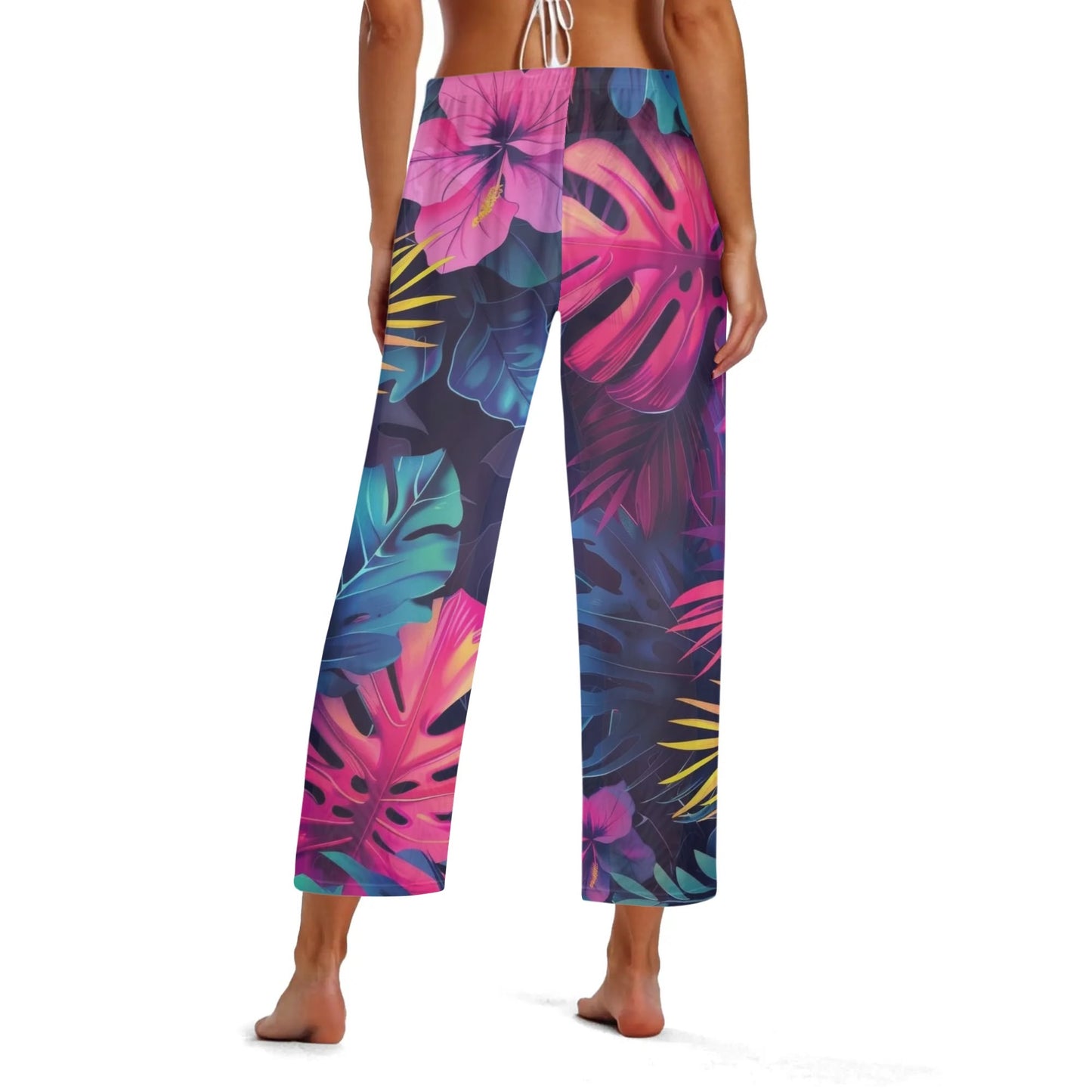 Womens Colorful Island Vibes Tropical Floral Print Sheer Beach Pants