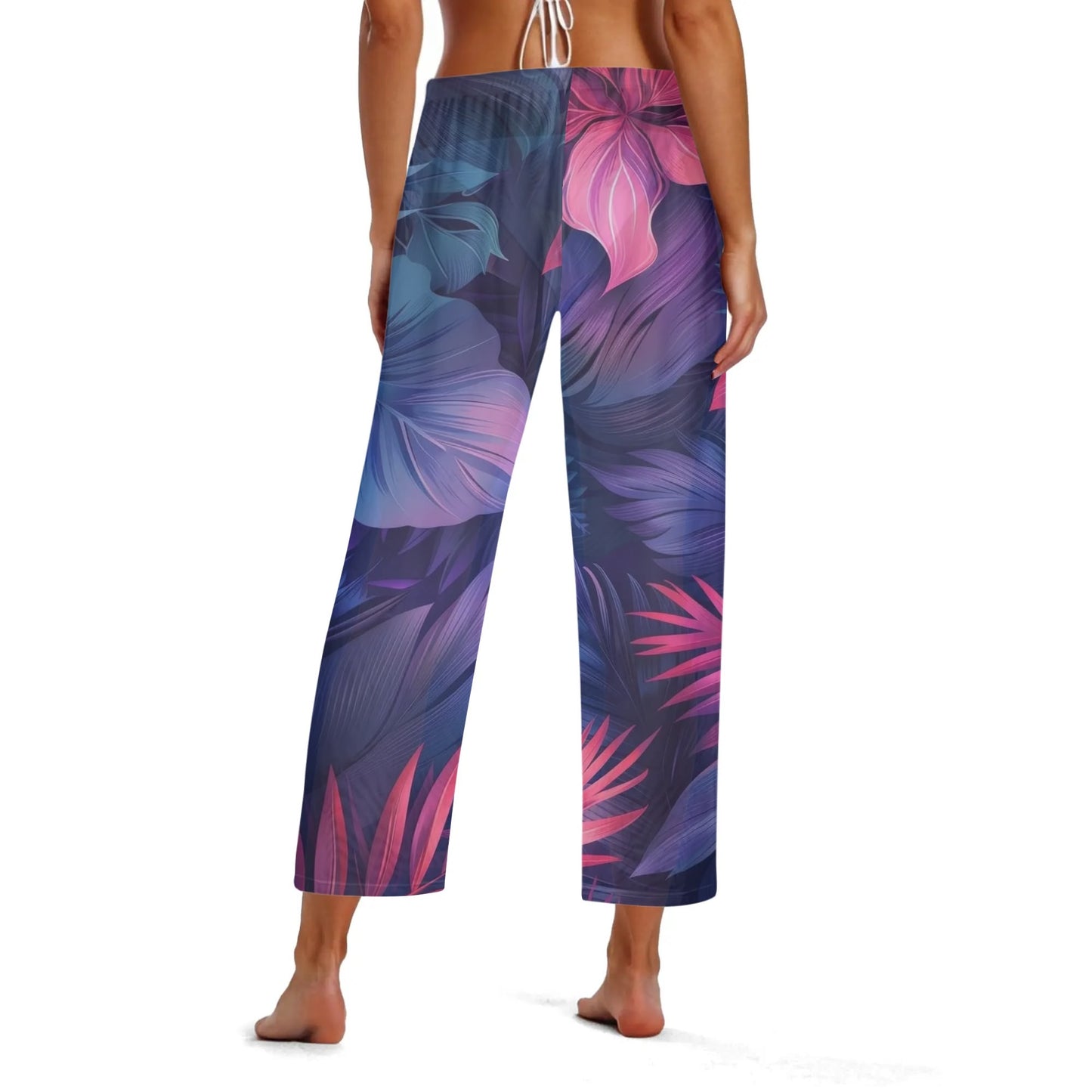 Womens Colorful Island Vibes Tropical Floral Print Sheer Beach Pants