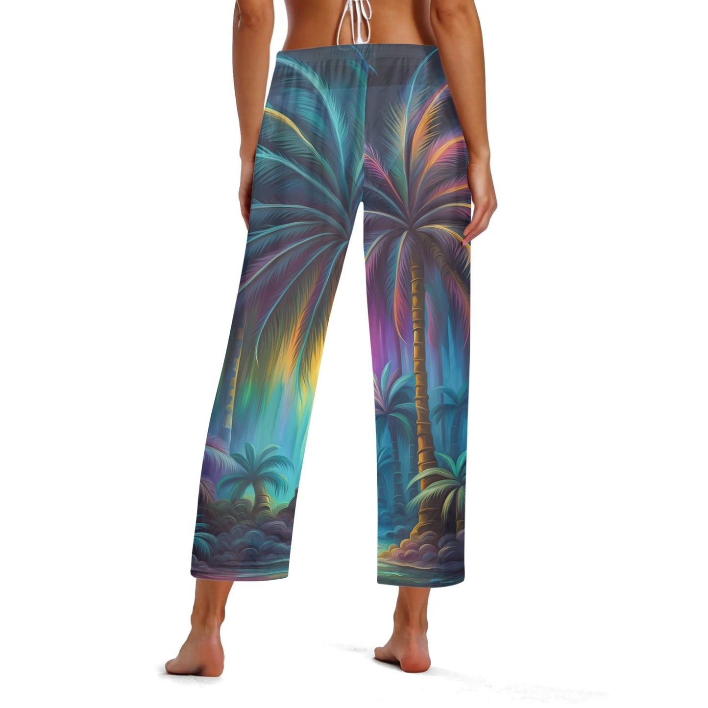 Womens Colorful Island Vibes Tropical Floral Print Sheer Beach Pants