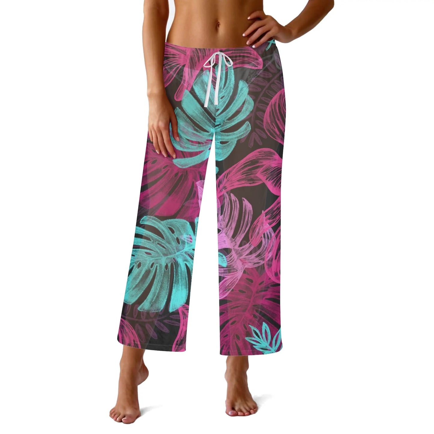 Womens Colorful Island Vibes Tropical Floral Print Sheer Beach Pants