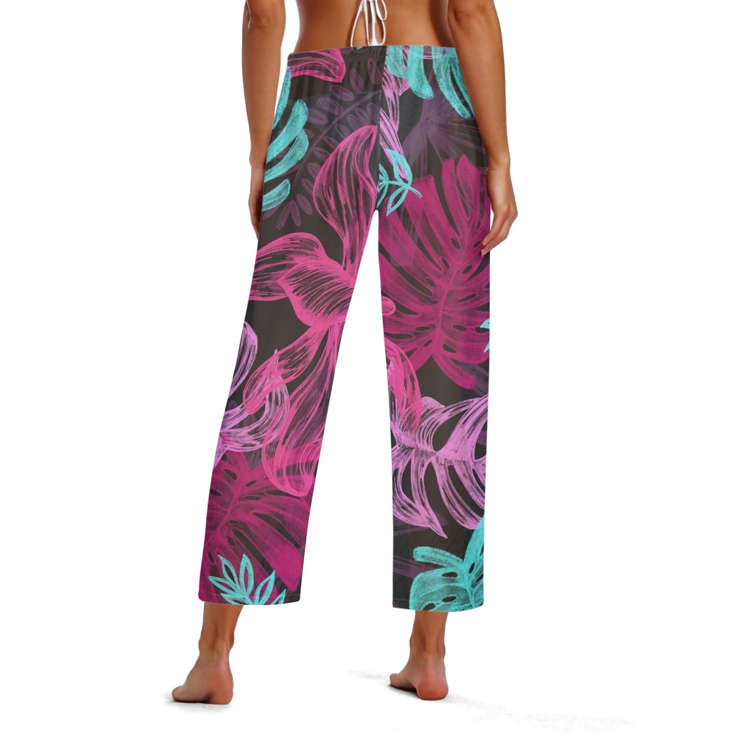 Womens Colorful Island Vibes Tropical Floral Print Sheer Beach Pants