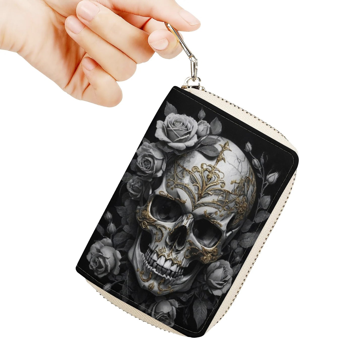 Black PU Leather Skulls and Roses Tattoo Graphic Phone Flip Case