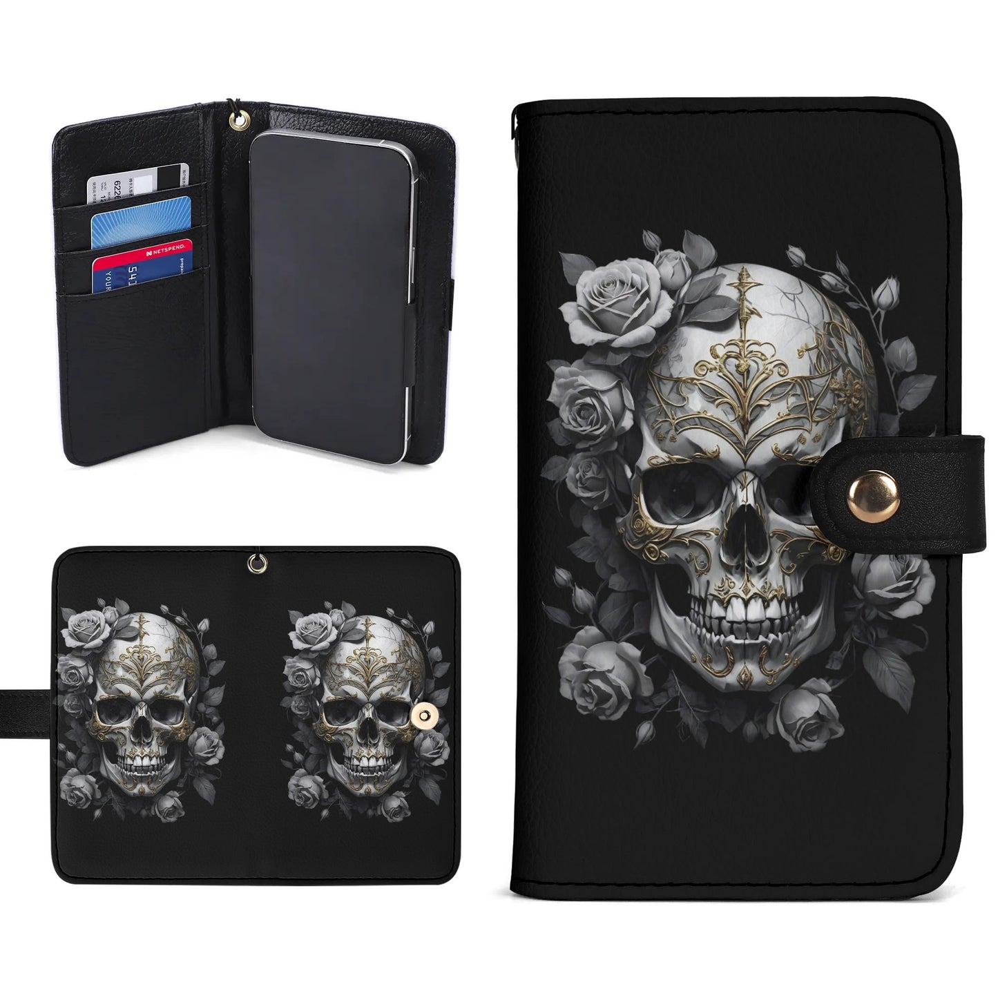 Black PU Leather Skulls and Roses Tattoo Graphic Phone Flip Case