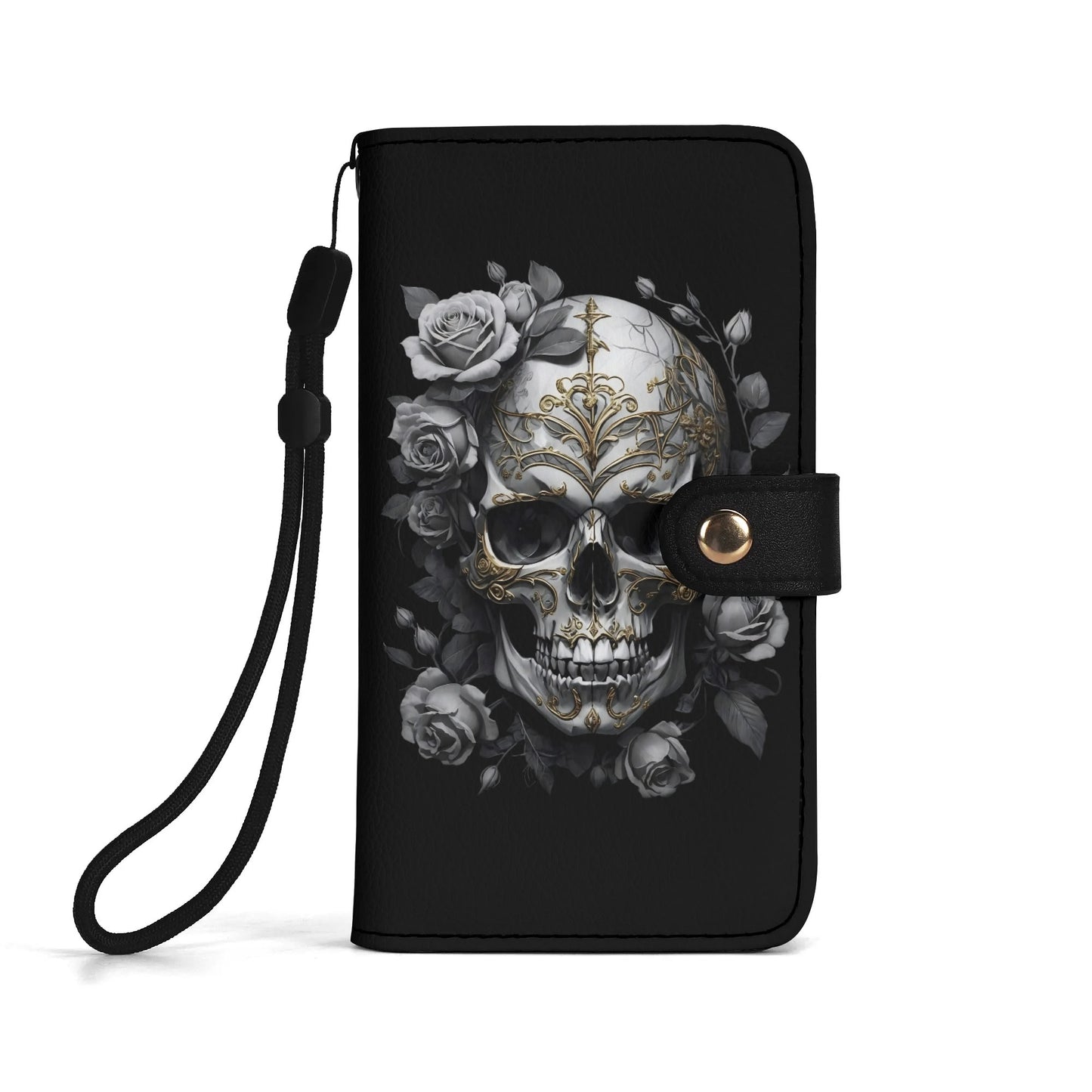 Black PU Leather Skulls and Roses Tattoo Graphic Phone Flip Case