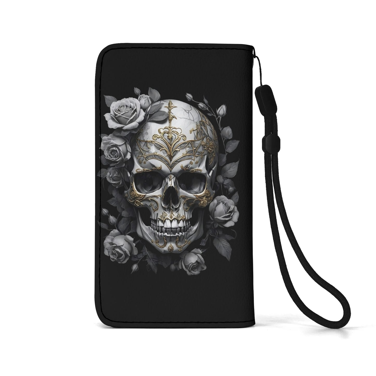 Black PU Leather Skulls and Roses Tattoo Graphic Phone Flip Case