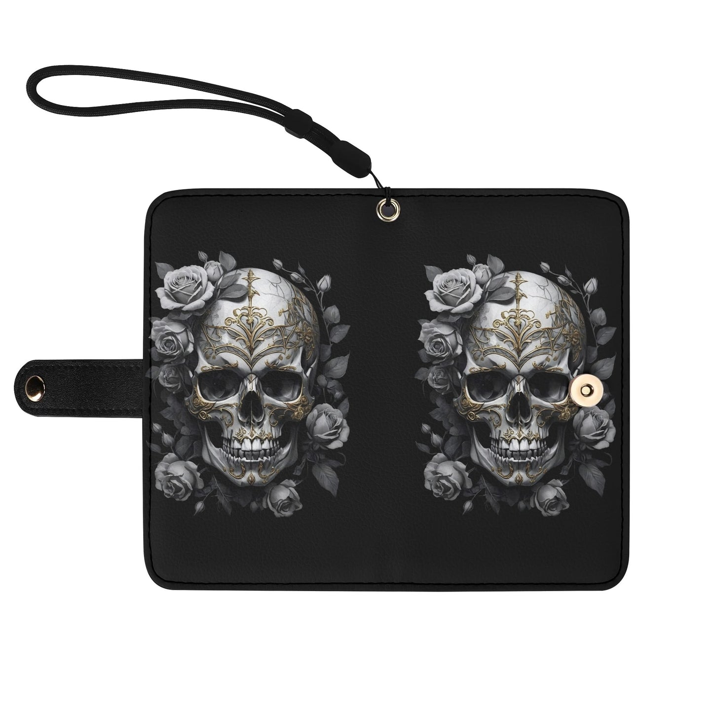 Black PU Leather Skulls and Roses Tattoo Graphic Phone Flip Case