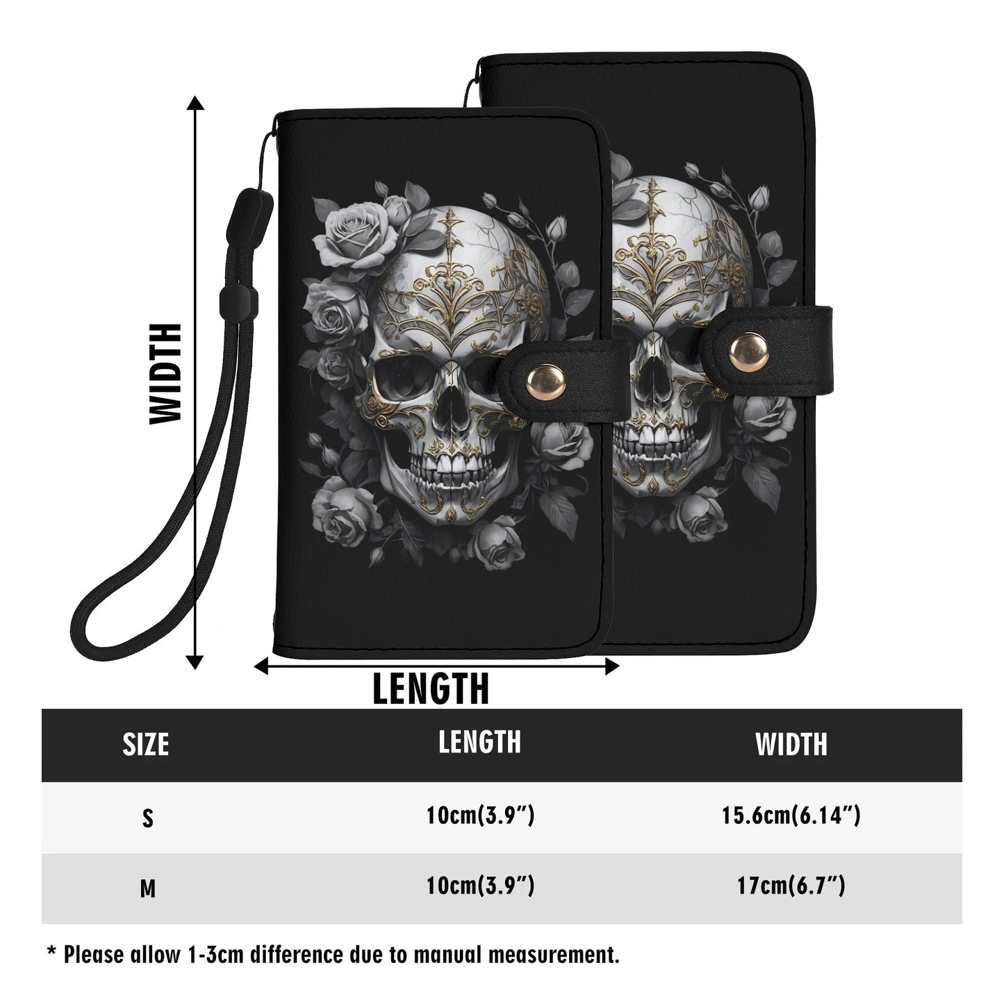 Black PU Leather Skulls and Roses Tattoo Graphic Phone Flip Case