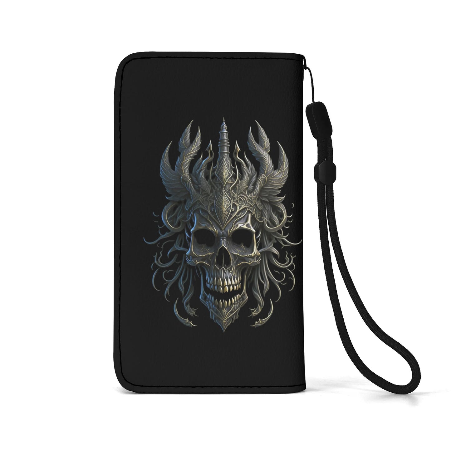 Black PU Leather Skulls and Roses Tattoo Graphic Phone Flip Case