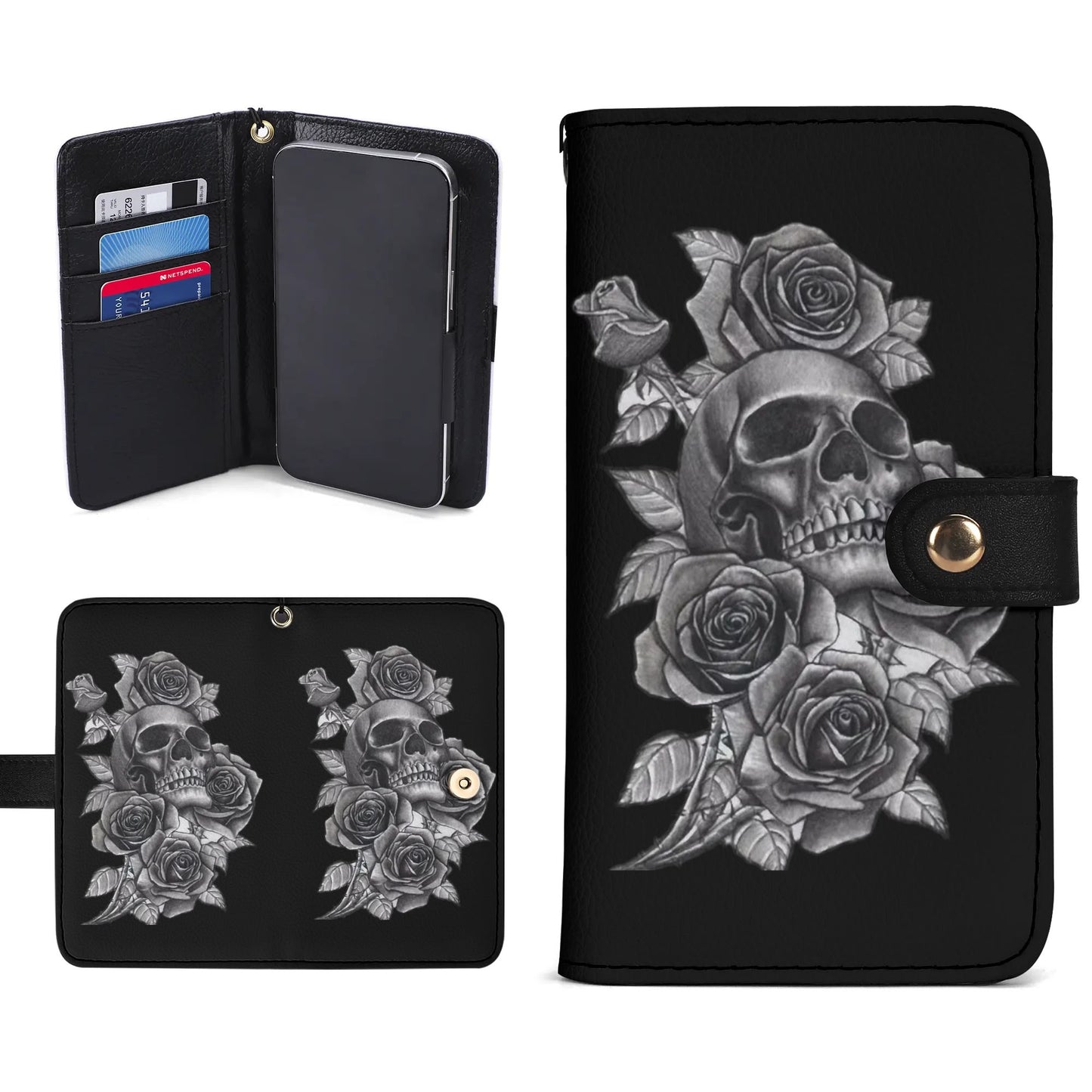 Black PU Leather Skulls and Roses Tattoo Graphic Phone Flip Case