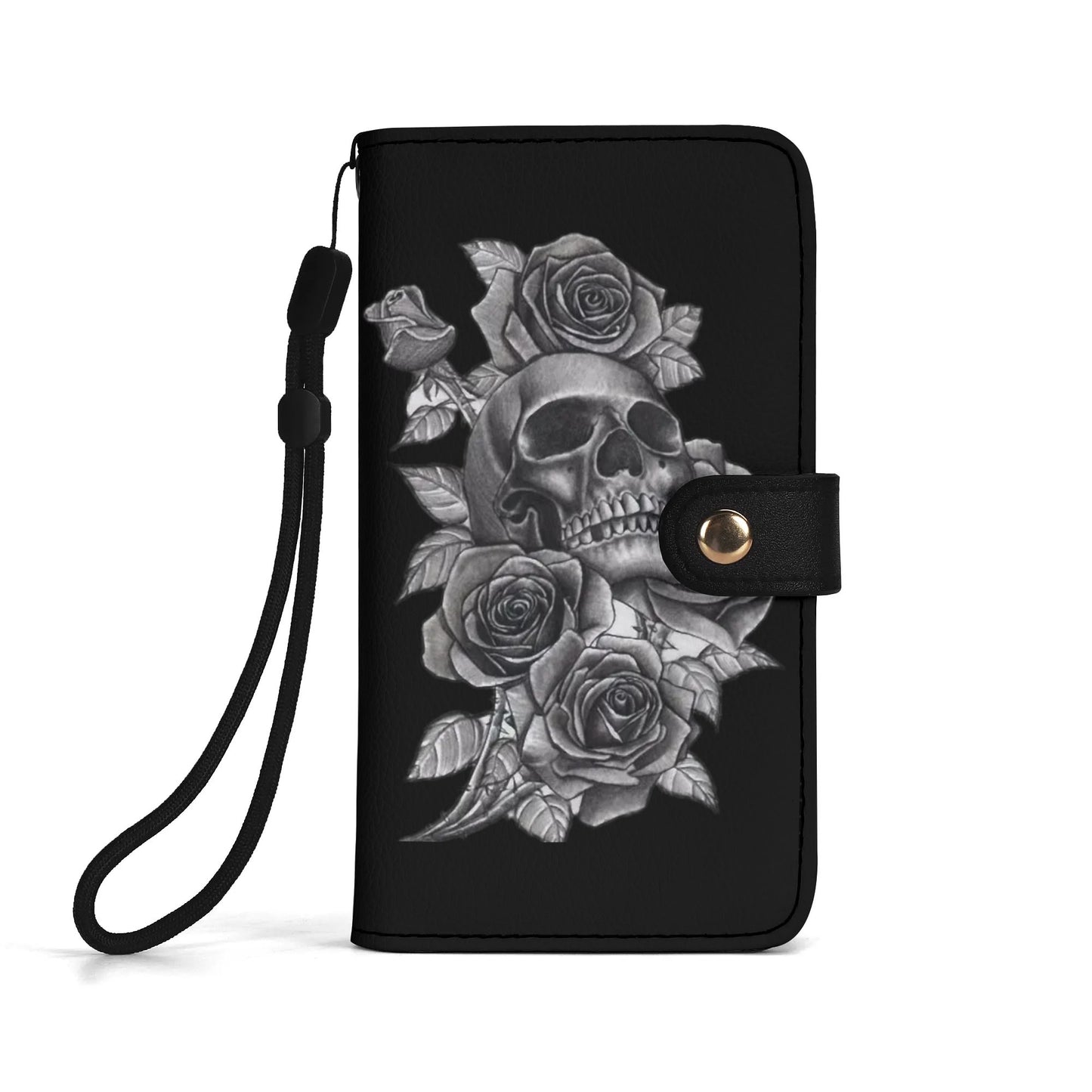 Black PU Leather Skulls and Roses Tattoo Graphic Phone Flip Case