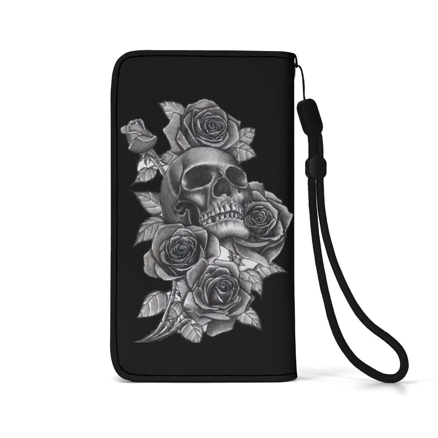 Black PU Leather Skulls and Roses Tattoo Graphic Phone Flip Case