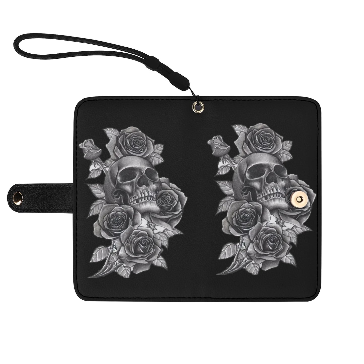 Black PU Leather Skulls and Roses Tattoo Graphic Phone Flip Case