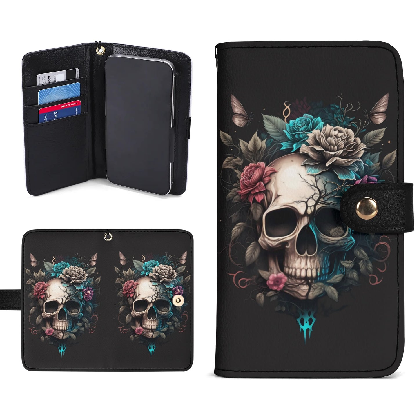 Black PU Leather Skulls and Roses Tattoo Graphic Phone Flip Case