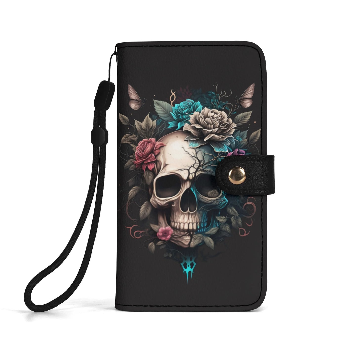 Black PU Leather Skulls and Roses Tattoo Graphic Phone Flip Case