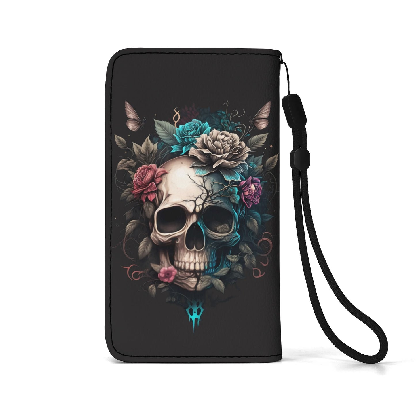 Black PU Leather Skulls and Roses Tattoo Graphic Phone Flip Case