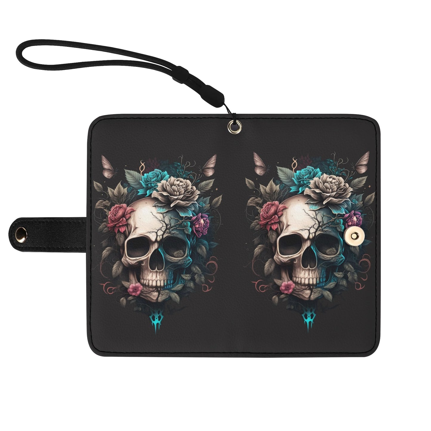 Black PU Leather Skulls and Roses Tattoo Graphic Phone Flip Case