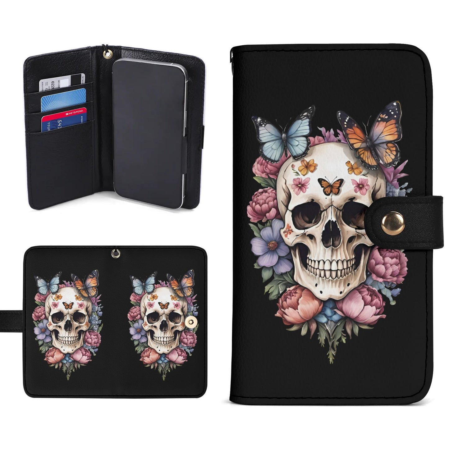 Black PU Leather Skulls and Roses Tattoo Graphic Phone Flip Case