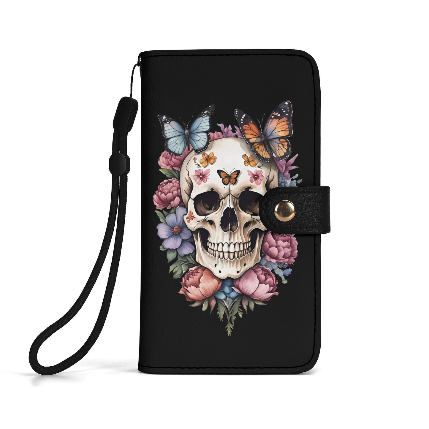 Black PU Leather Skulls and Roses Tattoo Graphic Phone Flip Case