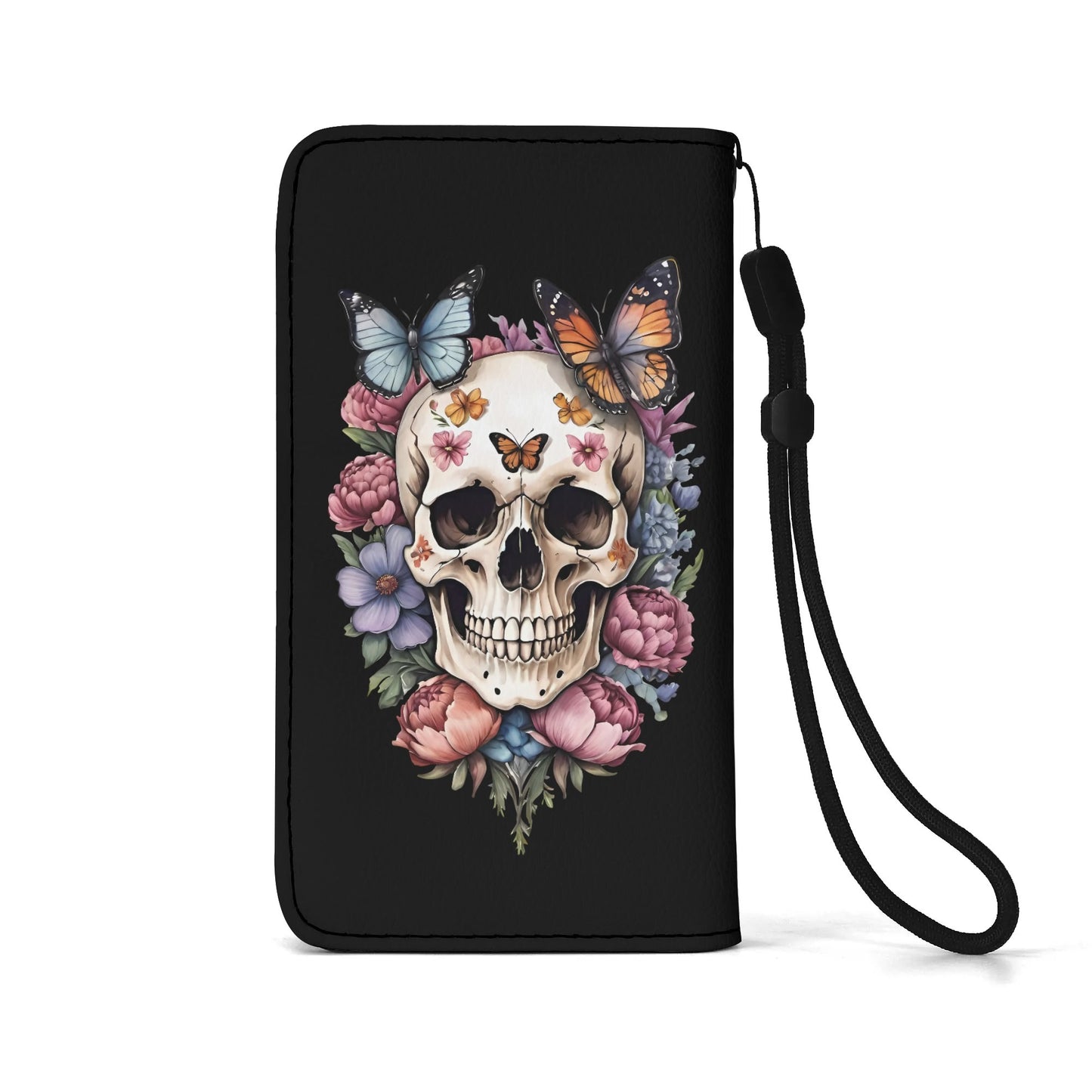 Black PU Leather Skulls and Roses Tattoo Graphic Phone Flip Case