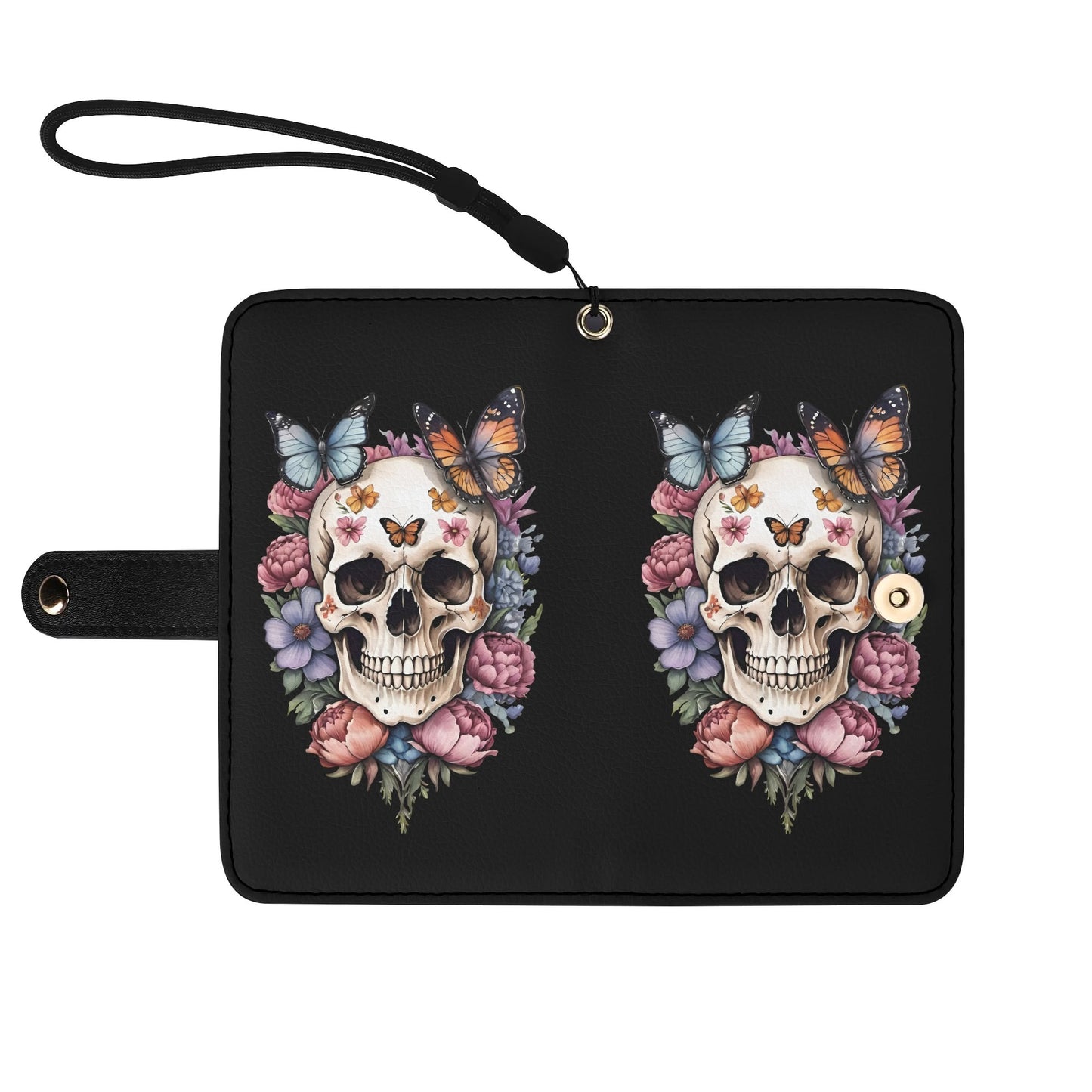 Black PU Leather Skulls and Roses Tattoo Graphic Phone Flip Case