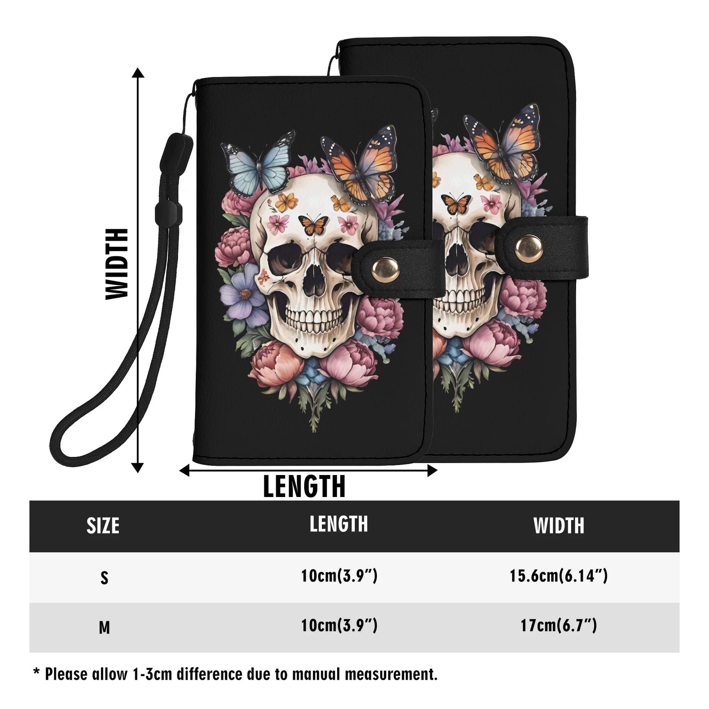 Black PU Leather Skulls and Roses Tattoo Graphic Phone Flip Case