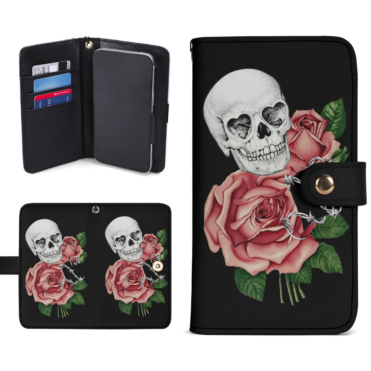 Black PU Leather Skulls and Roses Tattoo Graphic Phone Flip Case