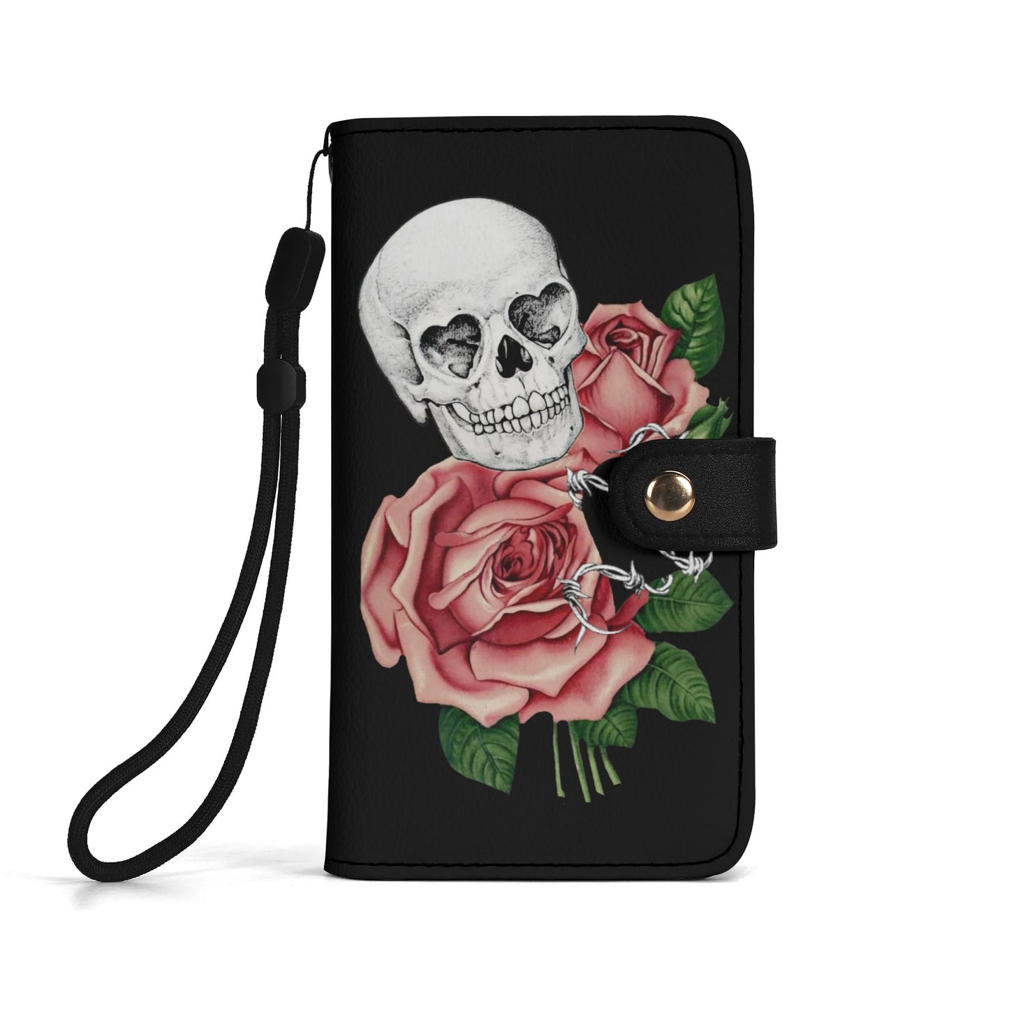 Black PU Leather Skulls and Roses Tattoo Graphic Phone Flip Case