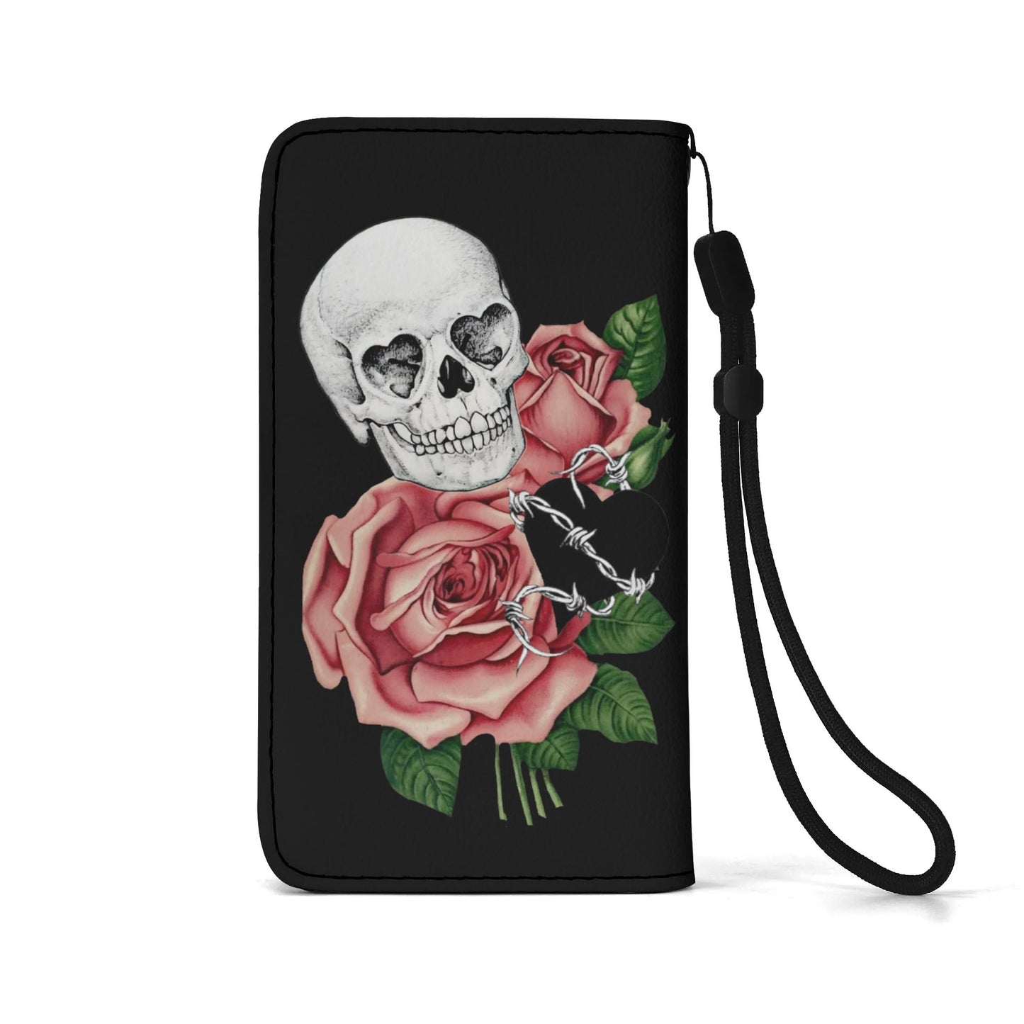 Black PU Leather Skulls and Roses Tattoo Graphic Phone Flip Case