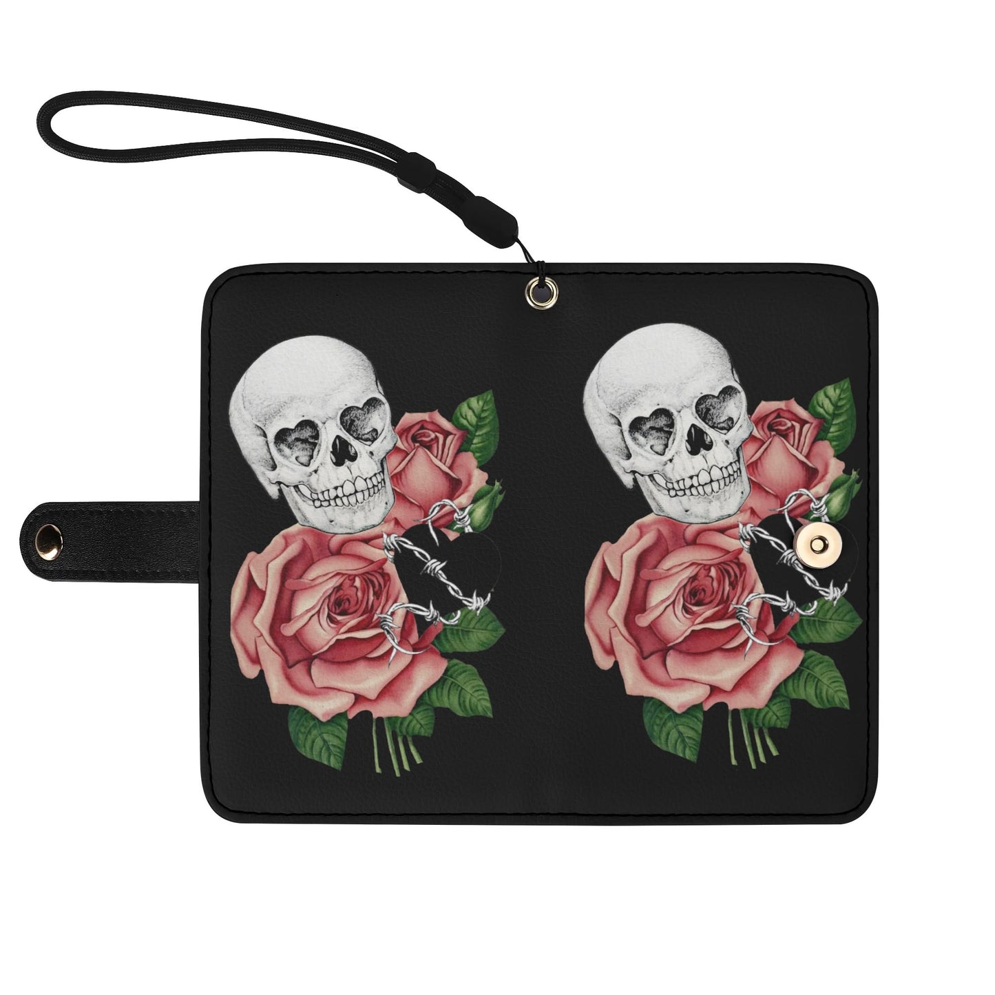 Black PU Leather Skulls and Roses Tattoo Graphic Phone Flip Case