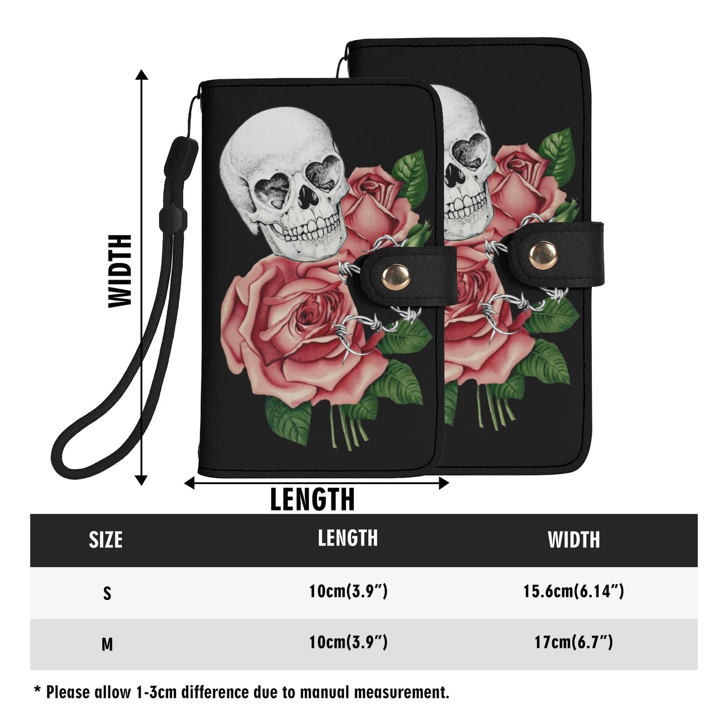 Black PU Leather Skulls and Roses Tattoo Graphic Phone Flip Case