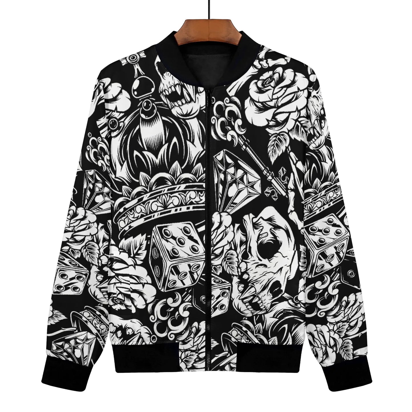 Women's Skulls and Dice Tattoo Pattern Zip-up Printed Bomber Jacket