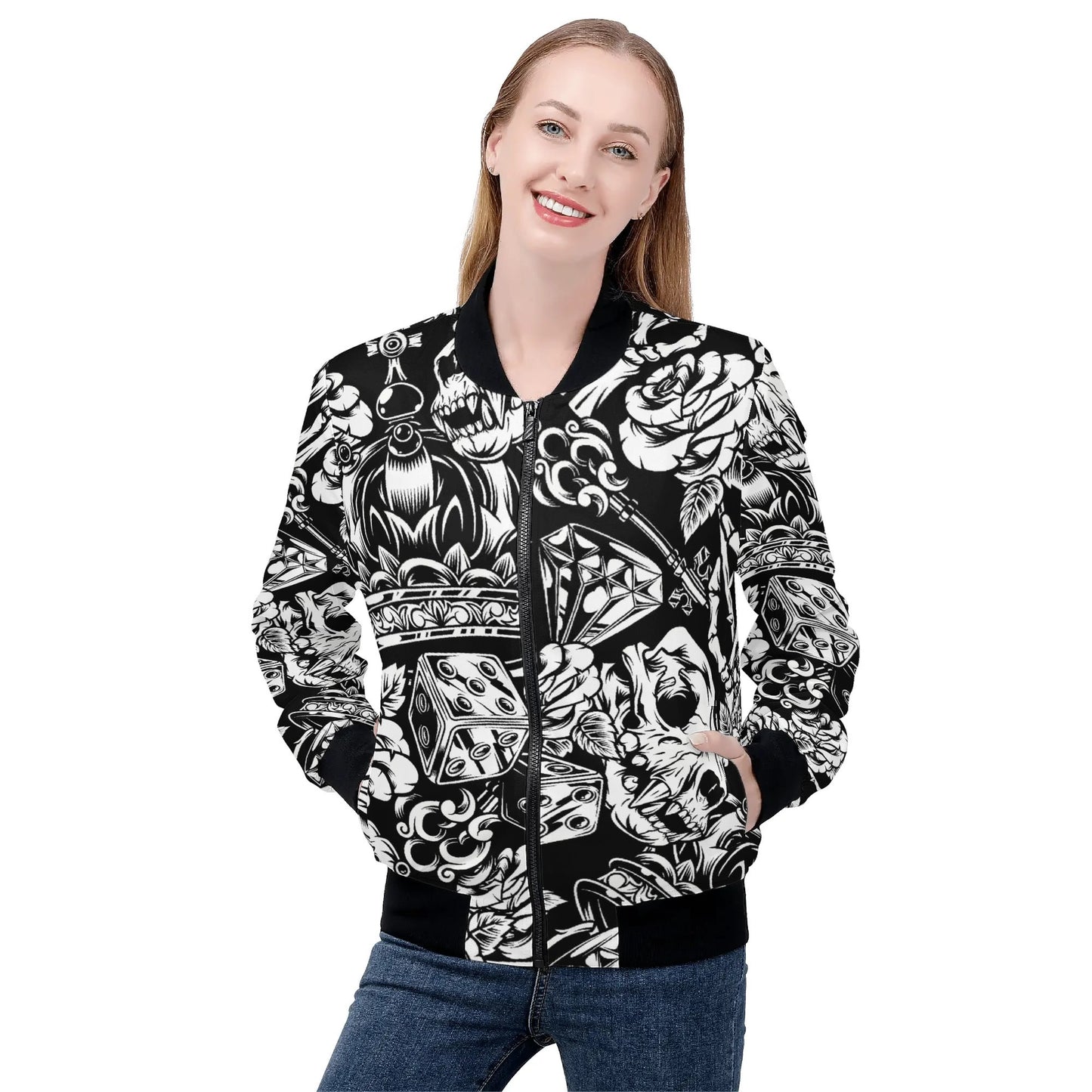 Women's Skulls and Dice Tattoo Pattern Zip-up Printed Bomber Jacket