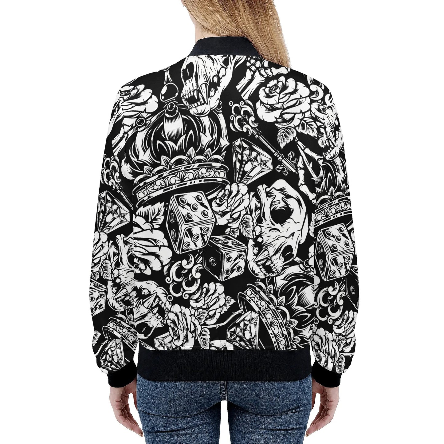 Women's Skulls and Dice Tattoo Pattern Zip-up Printed Bomber Jacket