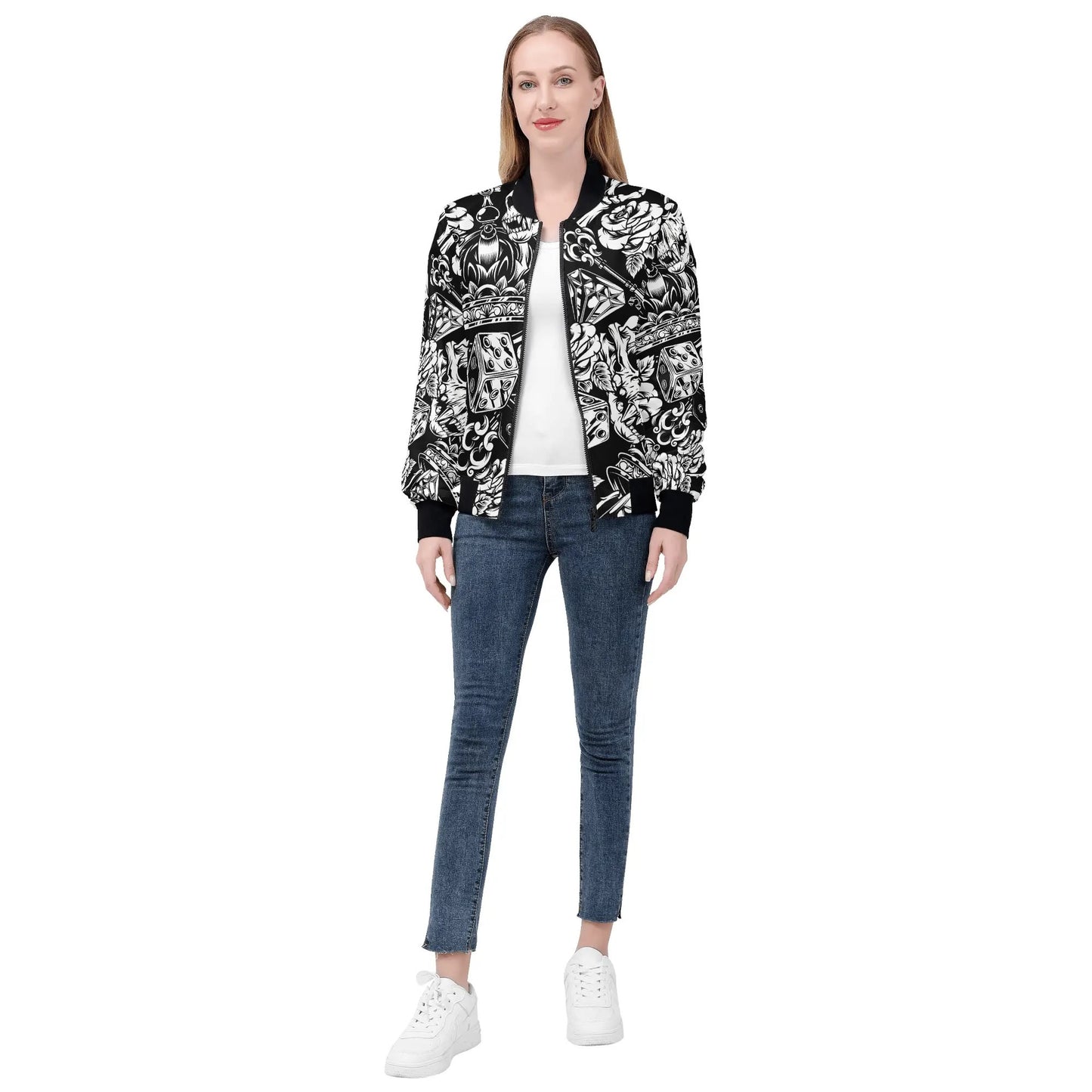 Women's Skulls and Dice Tattoo Pattern Zip-up Printed Bomber Jacket