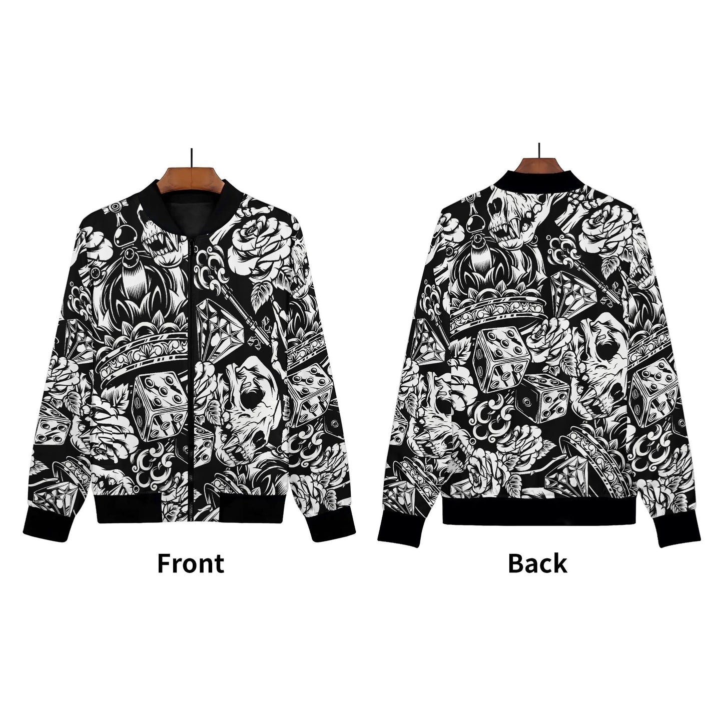 Women's Skulls and Dice Tattoo Pattern Zip-up Printed Bomber Jacket