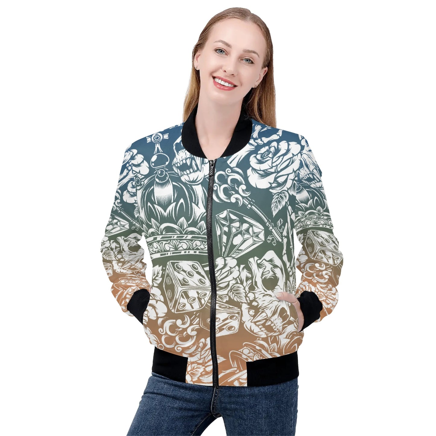 Women's Skulls and Dice Tattoo Pattern Zip-up Printed Bomber Jacket