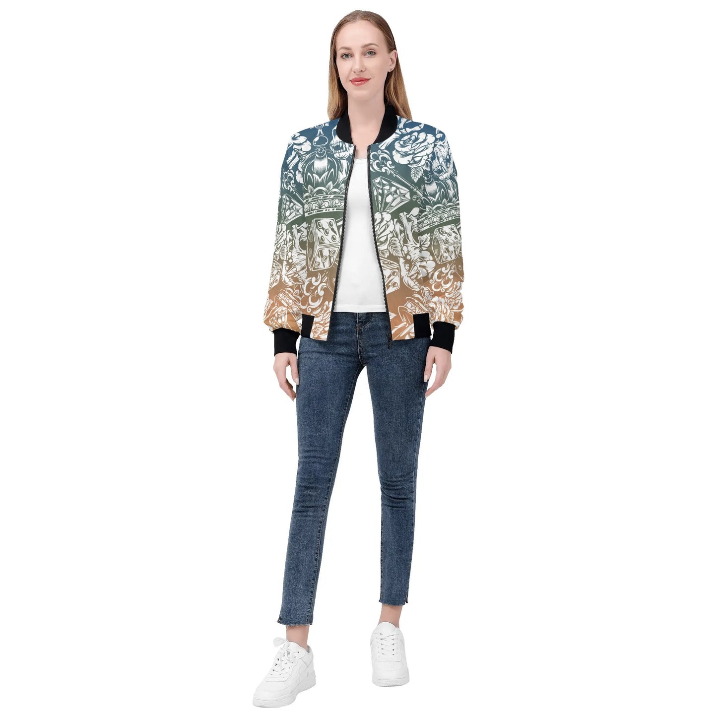 Women's Skulls and Dice Tattoo Pattern Zip-up Printed Bomber Jacket