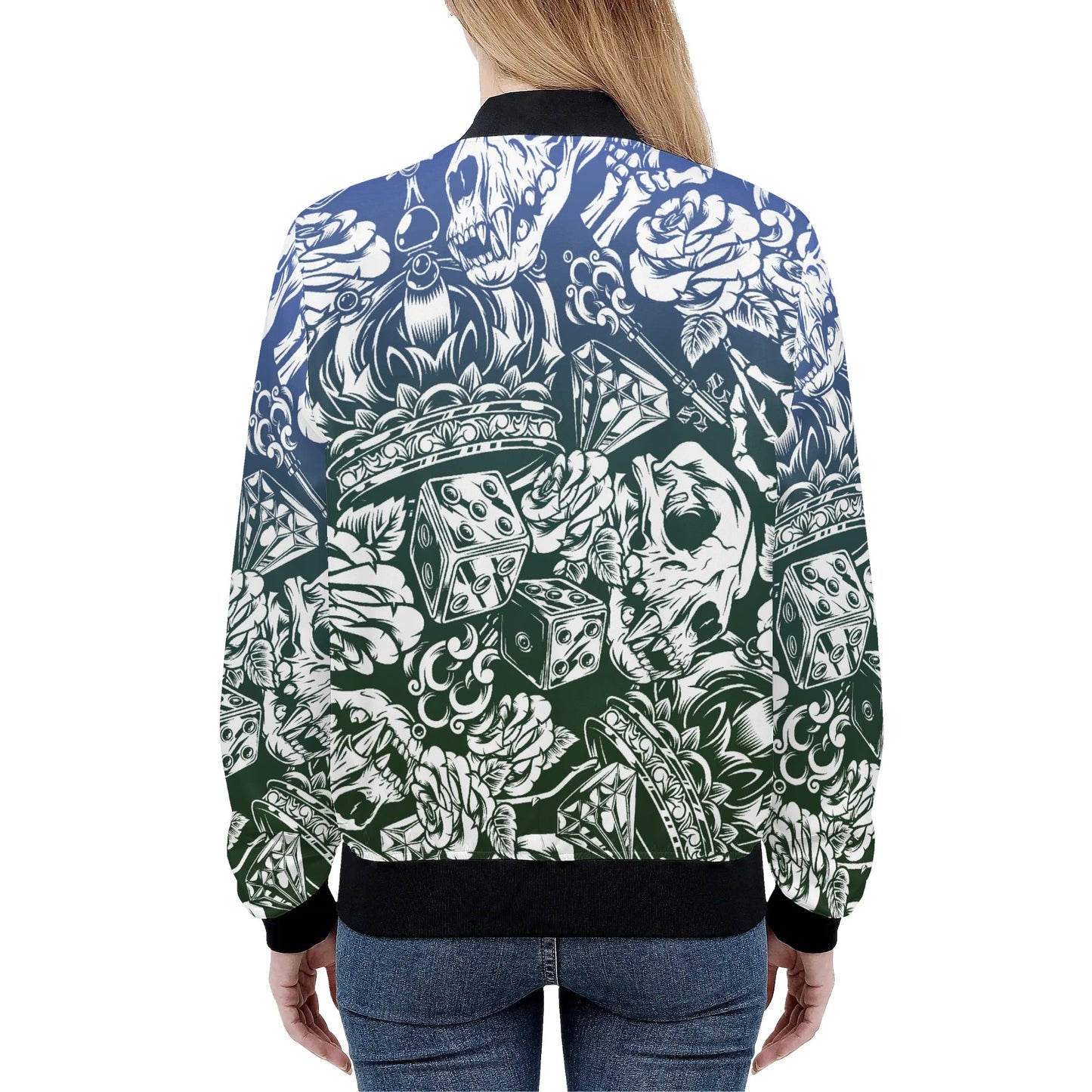 Women's Skulls and Dice Tattoo Pattern Zip-up Printed Bomber Jacket