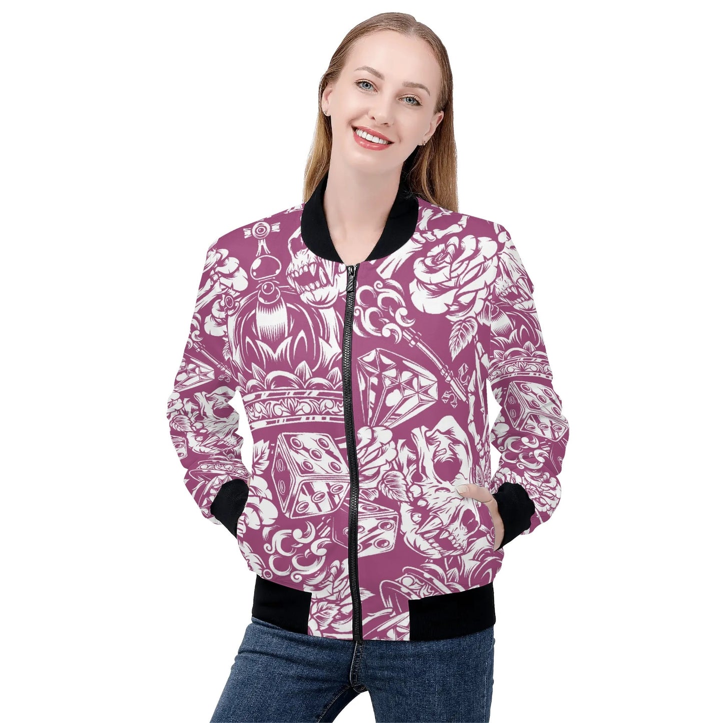 Women's Skulls and Dice Tattoo Pattern Zip-up Printed Bomber Jacket