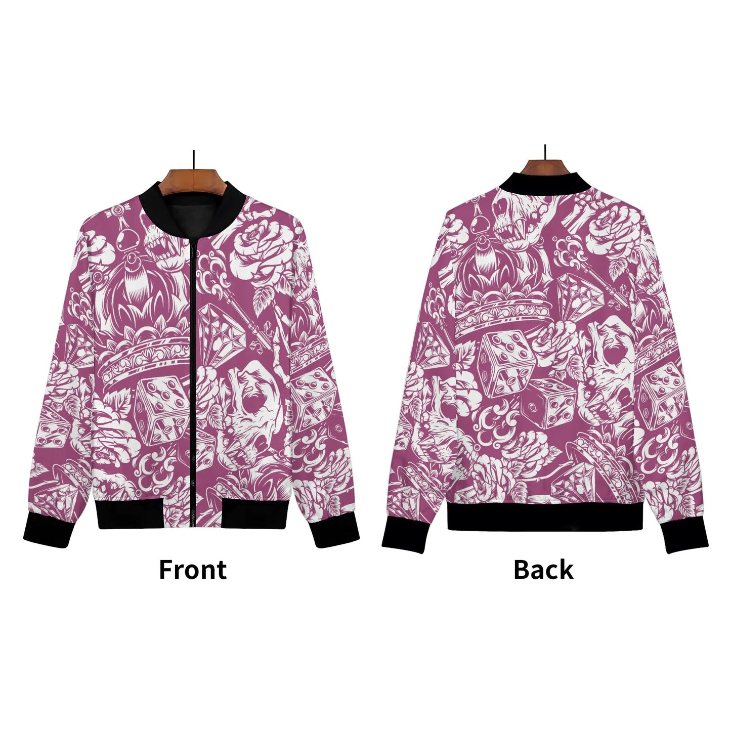 Women's Skulls and Dice Tattoo Pattern Zip-up Printed Bomber Jacket