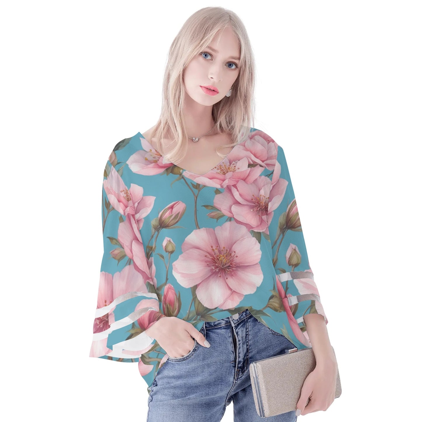 Womens Floral Print Loose Chiffon Blouse with Bell Sleeves