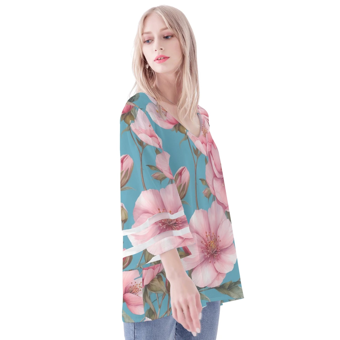 Womens Floral Print Loose Chiffon Blouse with Bell Sleeves