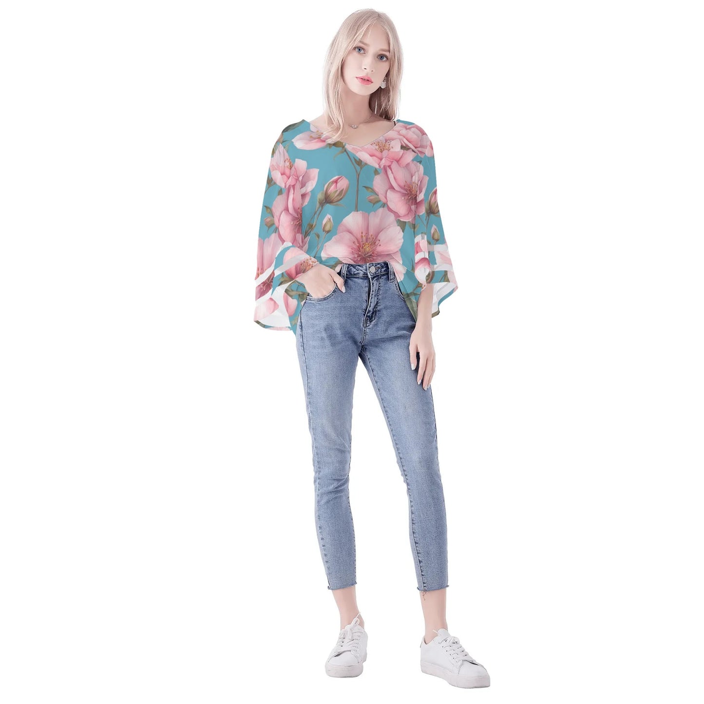 Womens Floral Print Loose Chiffon Blouse with Bell Sleeves