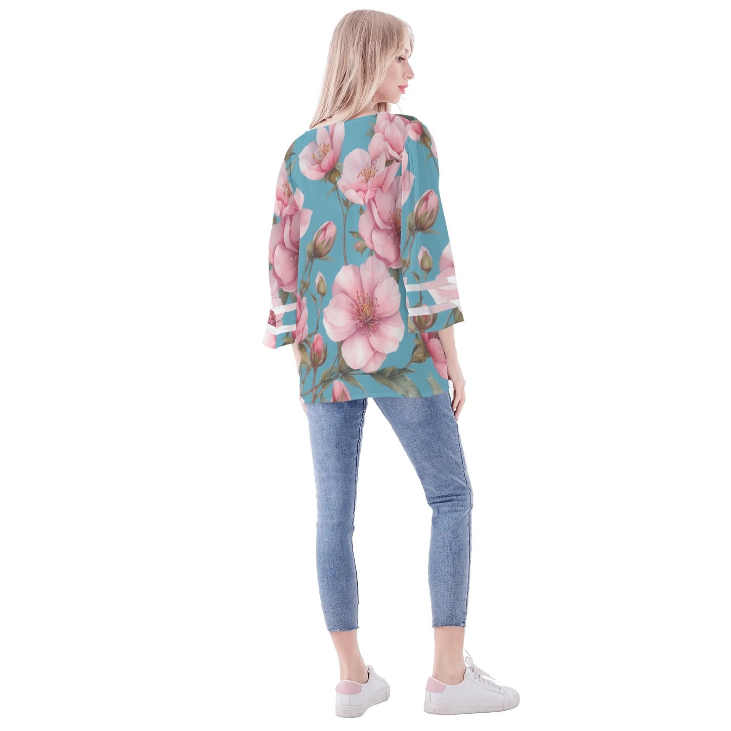 Womens Floral Print Loose Chiffon Blouse with Bell Sleeves